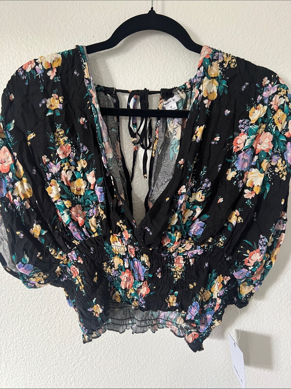 O'Neill Black Floral V-Neck Smocked Waist Puff Sleeve Top